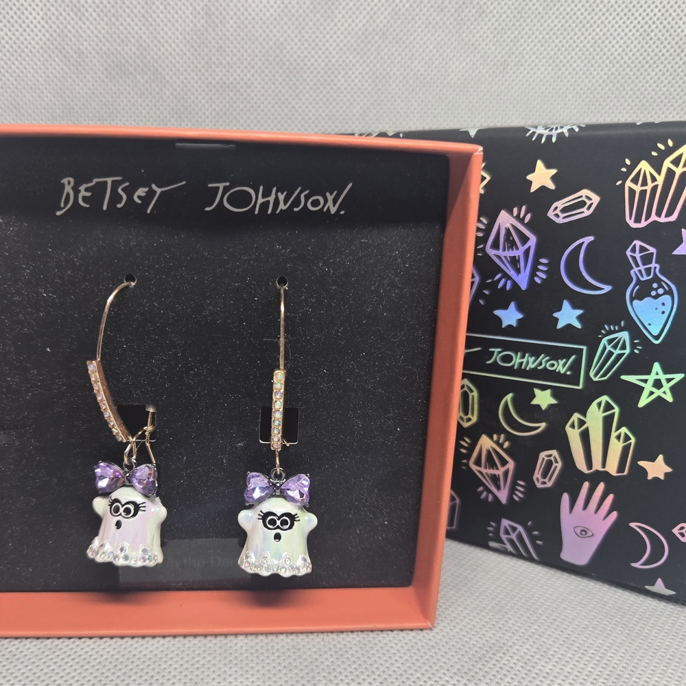 Betsey Johnson Gold Ghost Earrings with Purple Accents